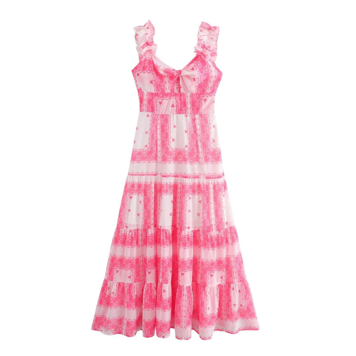 European and American summer new style low neck sleeveless printed waist cinched ruffle edge suspender dress for women