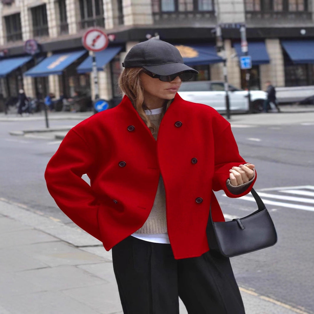 Classic British Style Double-Breasted Solid Color Wool Coat for Women, Casual Elegant Outerwear Versatile Top