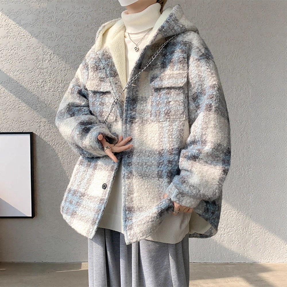 Faux Shearling Coat Men Autumn Winter Thickened Wool Blend Hooded Jacket Style Chic Fashion Outerwear