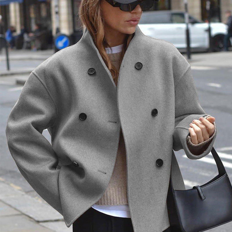 Classic British Style Double-Breasted Solid Color Wool Coat for Women, Casual Elegant Outerwear Versatile Top