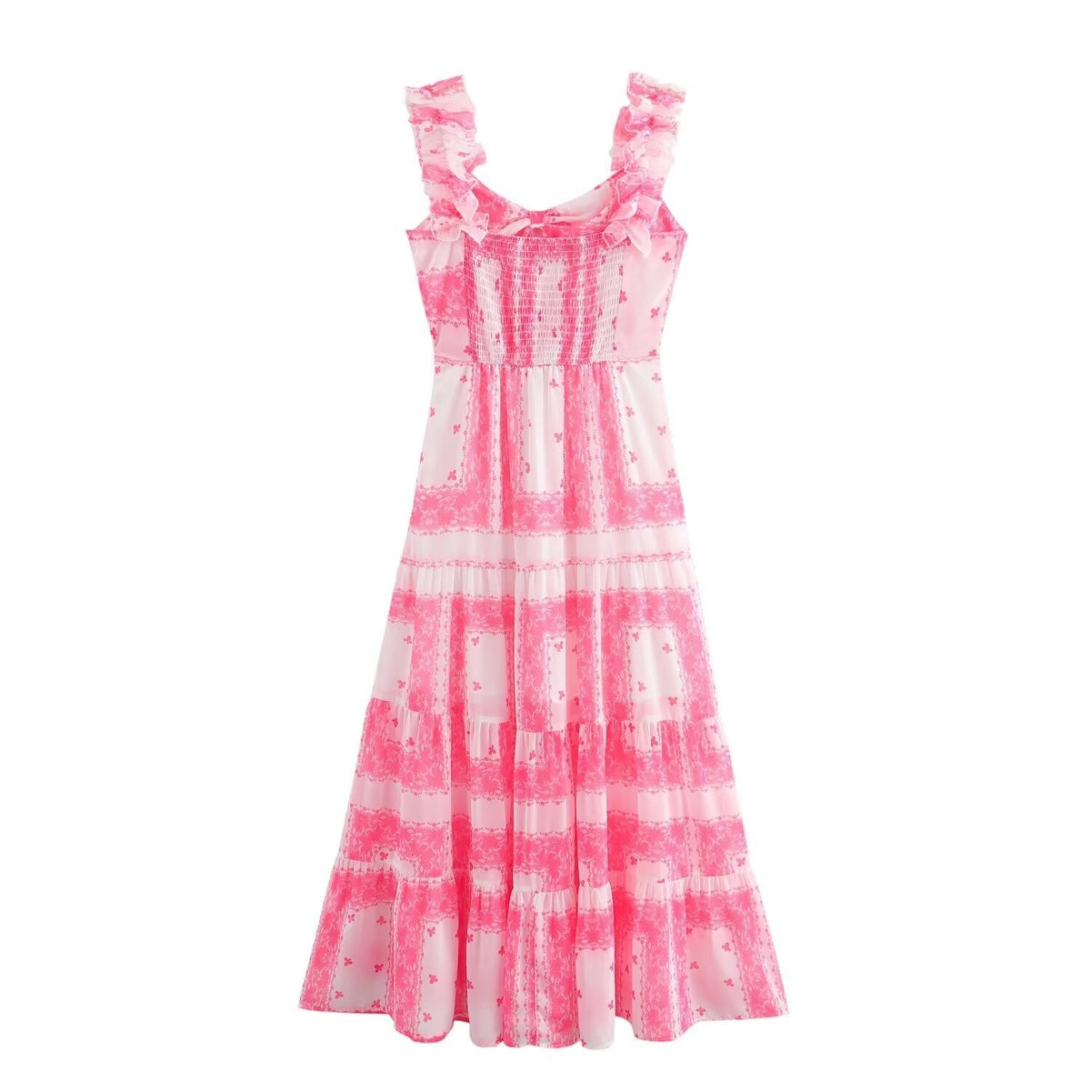 European and American summer new style low neck sleeveless printed waist cinched ruffle edge suspender dress for women
