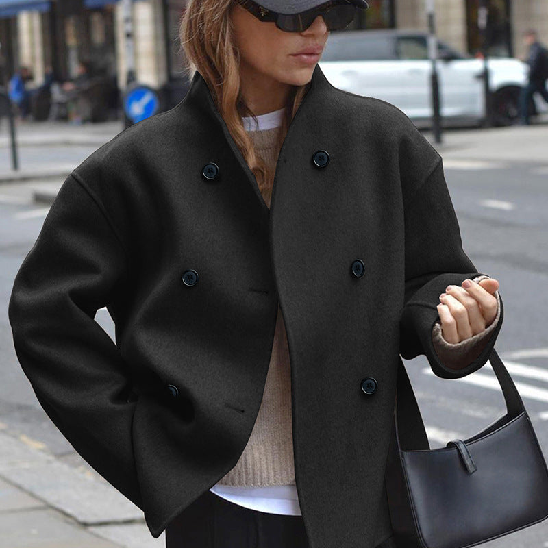 Classic British Style Double-Breasted Solid Color Wool Coat for Women, Casual Elegant Outerwear Versatile Top