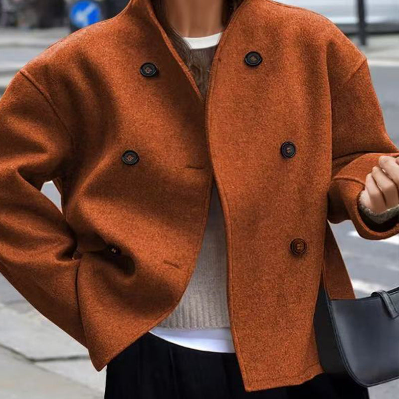 Classic British Style Double-Breasted Solid Color Wool Coat for Women, Casual Elegant Outerwear Versatile Top