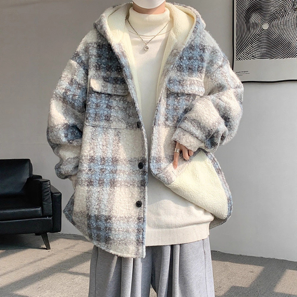 Faux Shearling Coat Men Autumn Winter Thickened Wool Blend Hooded Jacket Style Chic Fashion Outerwear
