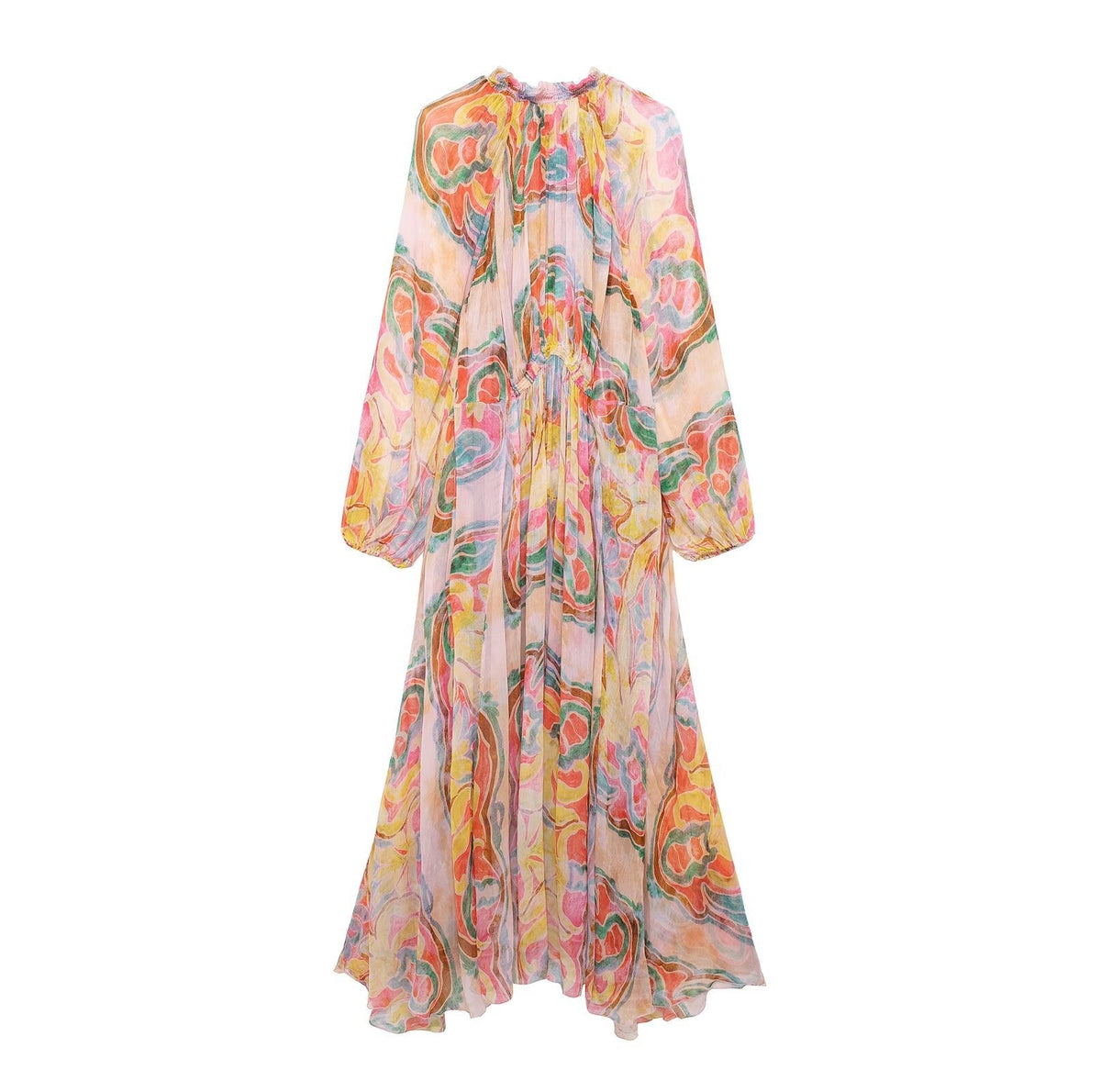 European and American Summer New Fashionable Half High Collar Long Sleeve Printed Waist Loose Dress for Women