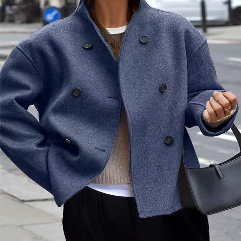Classic British Style Double-Breasted Solid Color Wool Coat for Women, Casual Elegant Outerwear Versatile Top