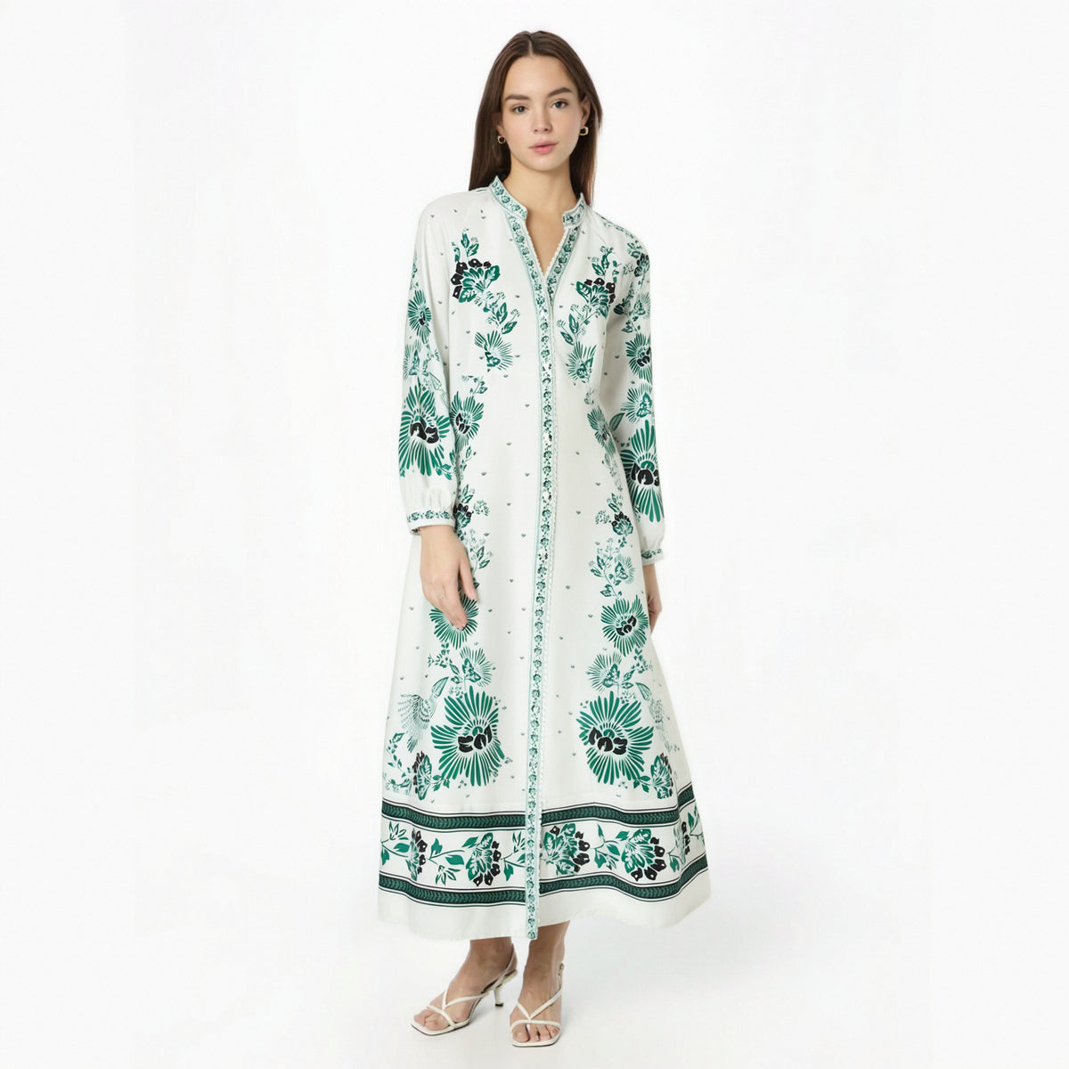European and American summer new style fashionable semi high neck printed long sleeved sexy dress for women