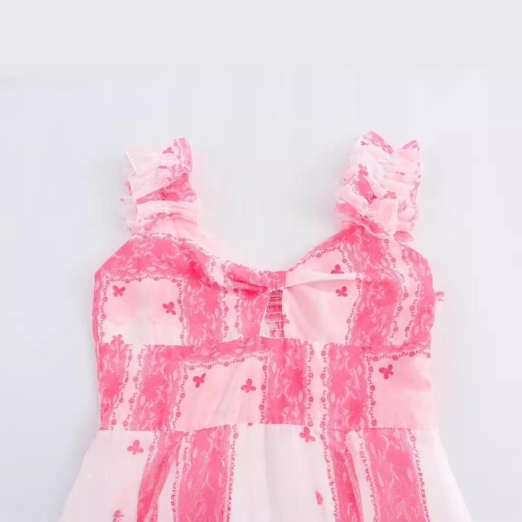European and American summer new style low neck sleeveless printed waist cinched ruffle edge suspender dress for women