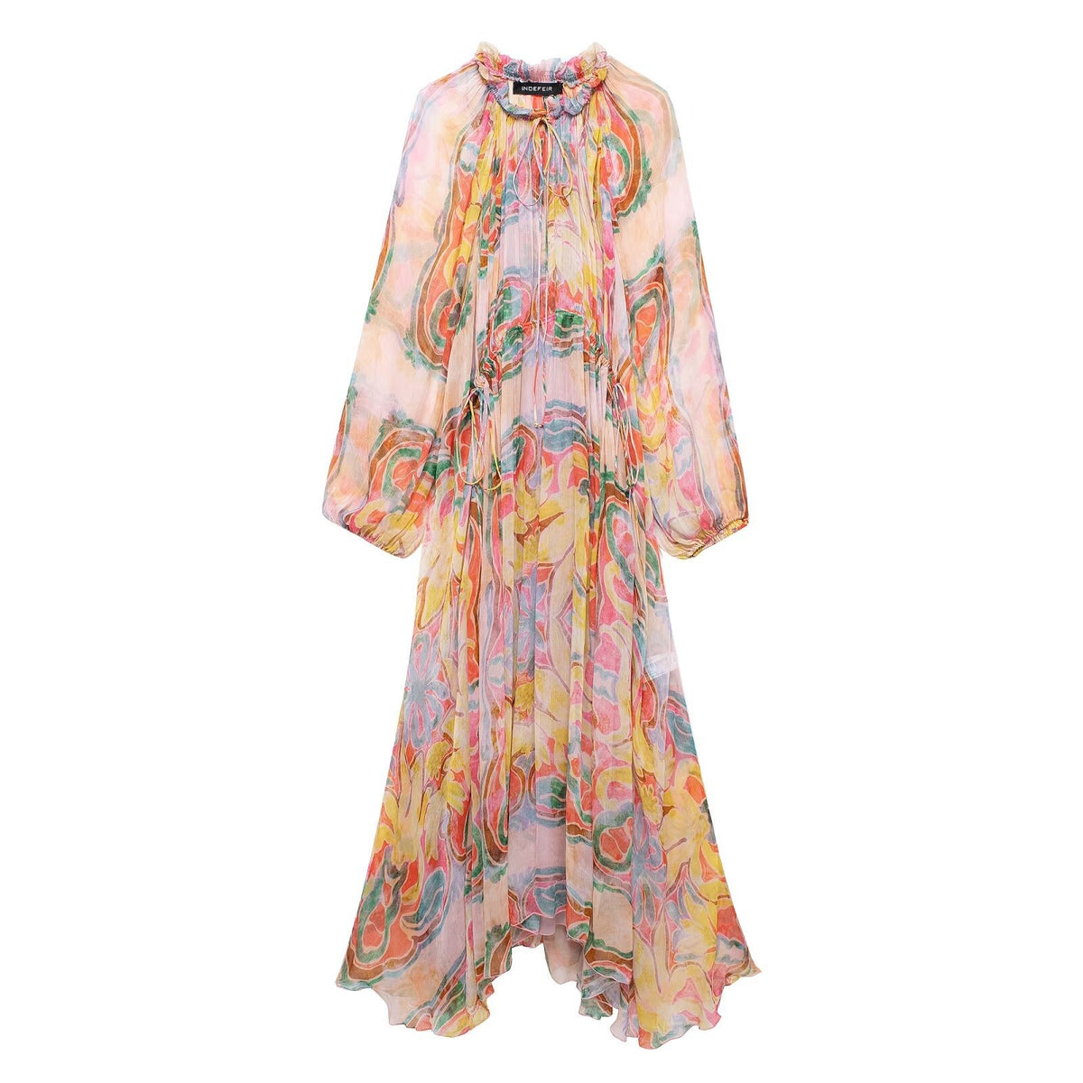European and American Summer New Fashionable Half High Collar Long Sleeve Printed Waist Loose Dress for Women