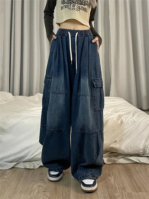 Vintage Blue Cargo Jeans Women Oversized Denim Pants Hip Hop Streetwear Retro Wide Leg Trousers