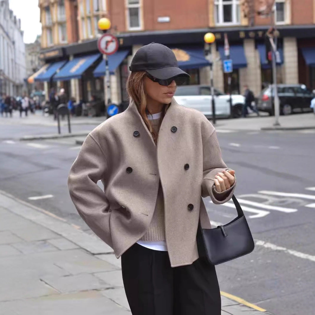 Classic British Style Double-Breasted Solid Color Wool Coat for Women, Casual Elegant Outerwear Versatile Top