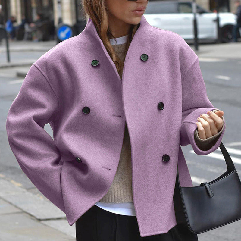 Classic British Style Double-Breasted Solid Color Wool Coat for Women, Casual Elegant Outerwear Versatile Top