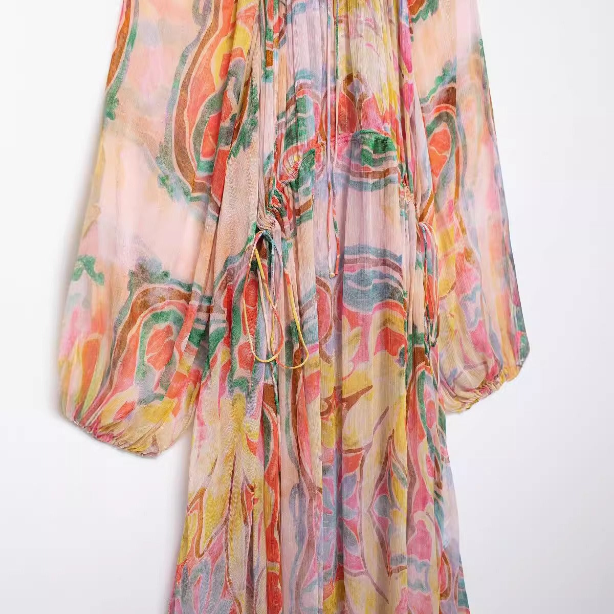 European and American Summer New Fashionable Half High Collar Long Sleeve Printed Waist Loose Dress for Women