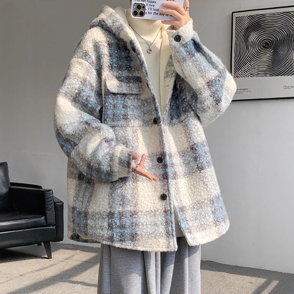 Faux Shearling Coat Men Autumn Winter Thickened Wool Blend Hooded Jacket Style Chic Fashion Outerwear