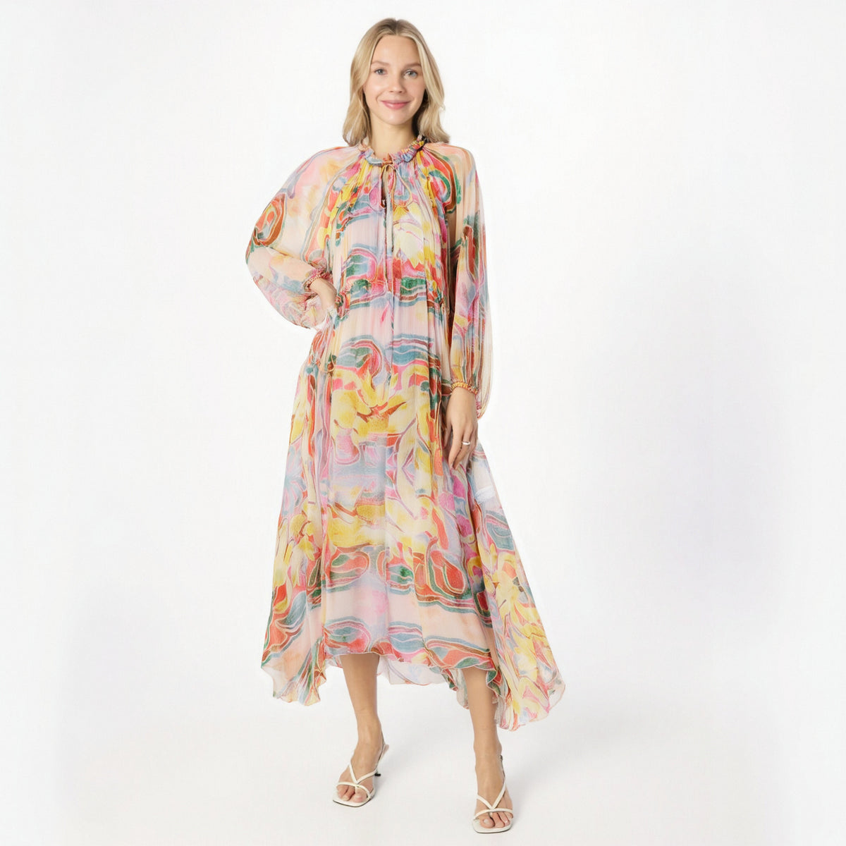 European and American Summer New Fashionable Half High Collar Long Sleeve Printed Waist Loose Dress for Women