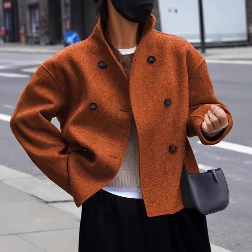 Classic British Style Double-Breasted Solid Color Wool Coat for Women, Casual Elegant Outerwear Versatile Top