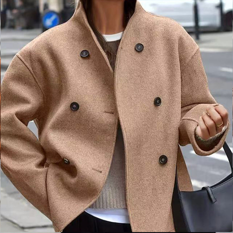 Classic British Style Double-Breasted Solid Color Wool Coat for Women, Casual Elegant Outerwear Versatile Top