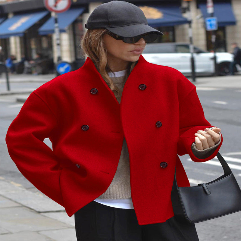 Classic British Style Double-Breasted Solid Color Wool Coat for Women, Casual Elegant Outerwear Versatile Top