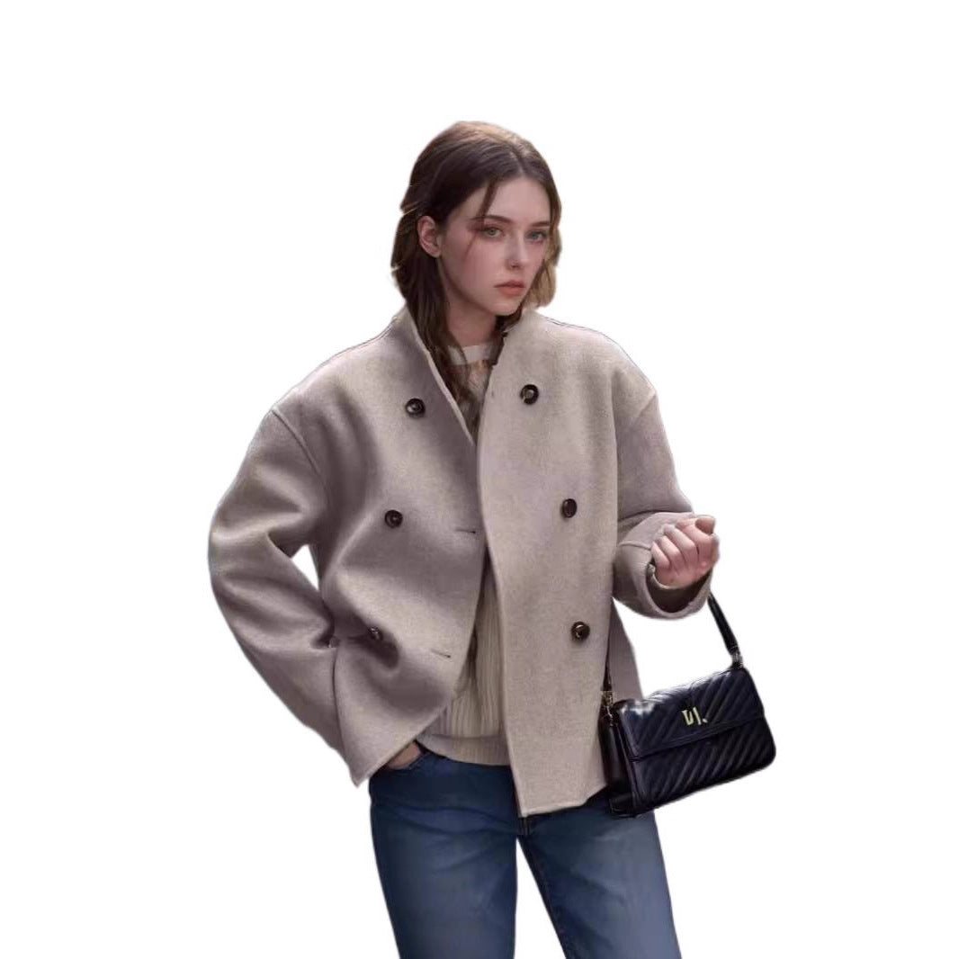 Classic British Style Double-Breasted Solid Color Wool Coat for Women, Casual Elegant Outerwear Versatile Top