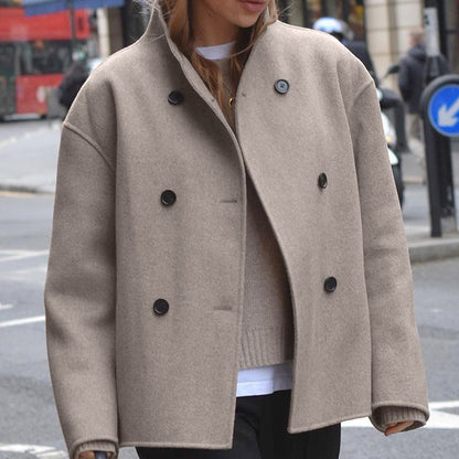 Classic British Style Double-Breasted Solid Color Wool Coat for Women, Casual Elegant Outerwear Versatile Top